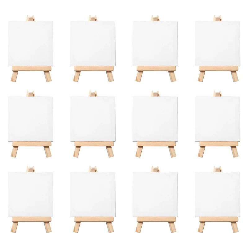 New-Artists 3 inch x3 inch Mini Canvas & 5 inch Mini Easel Set Painting Craft Drawing - Set Contains: 12 Mini Canvases & 12 Mi