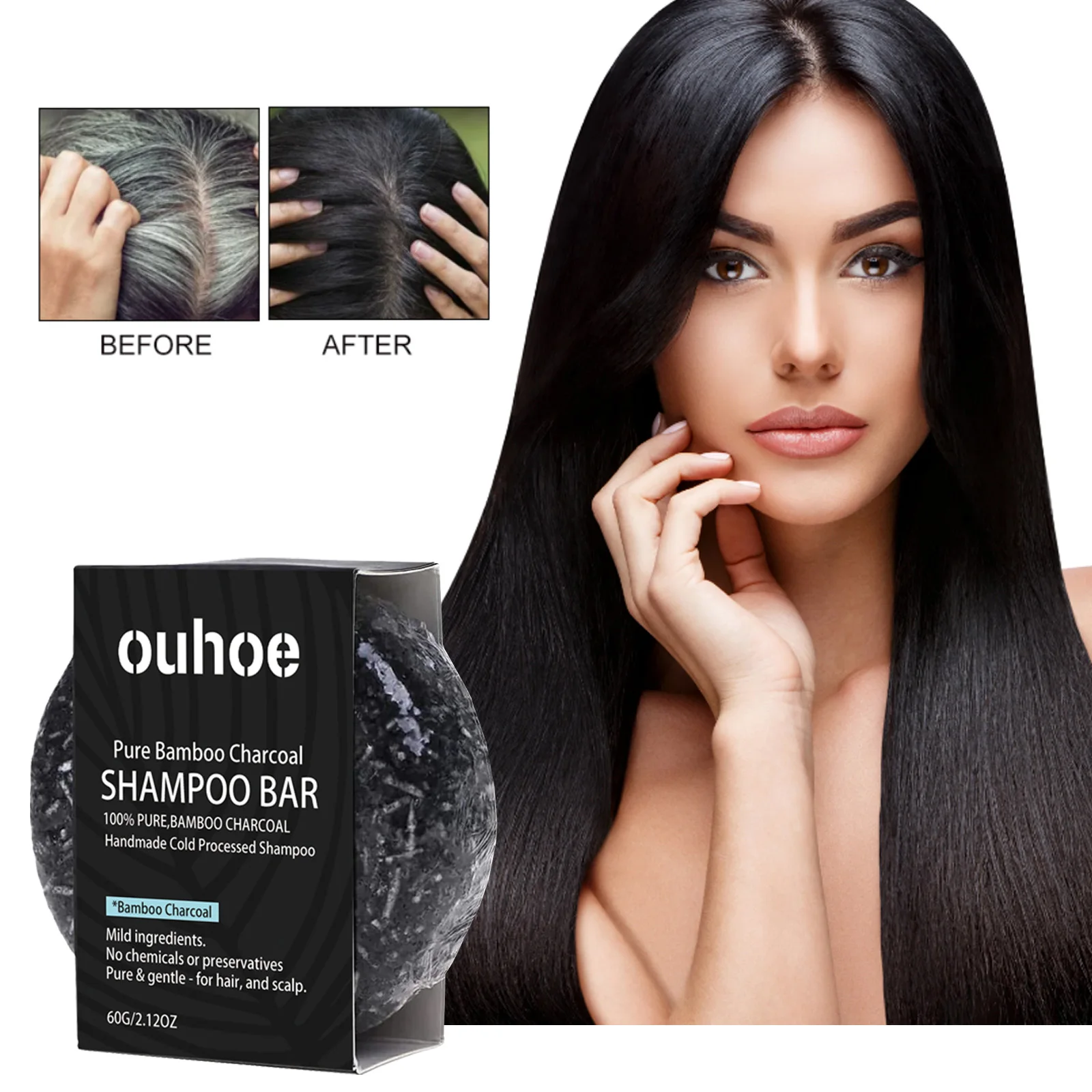 OUHOE Bamboo Charcoal Shampoo deep cleanses scalp, strengthens and strengthens hair, nourishes and improves dry hair soap