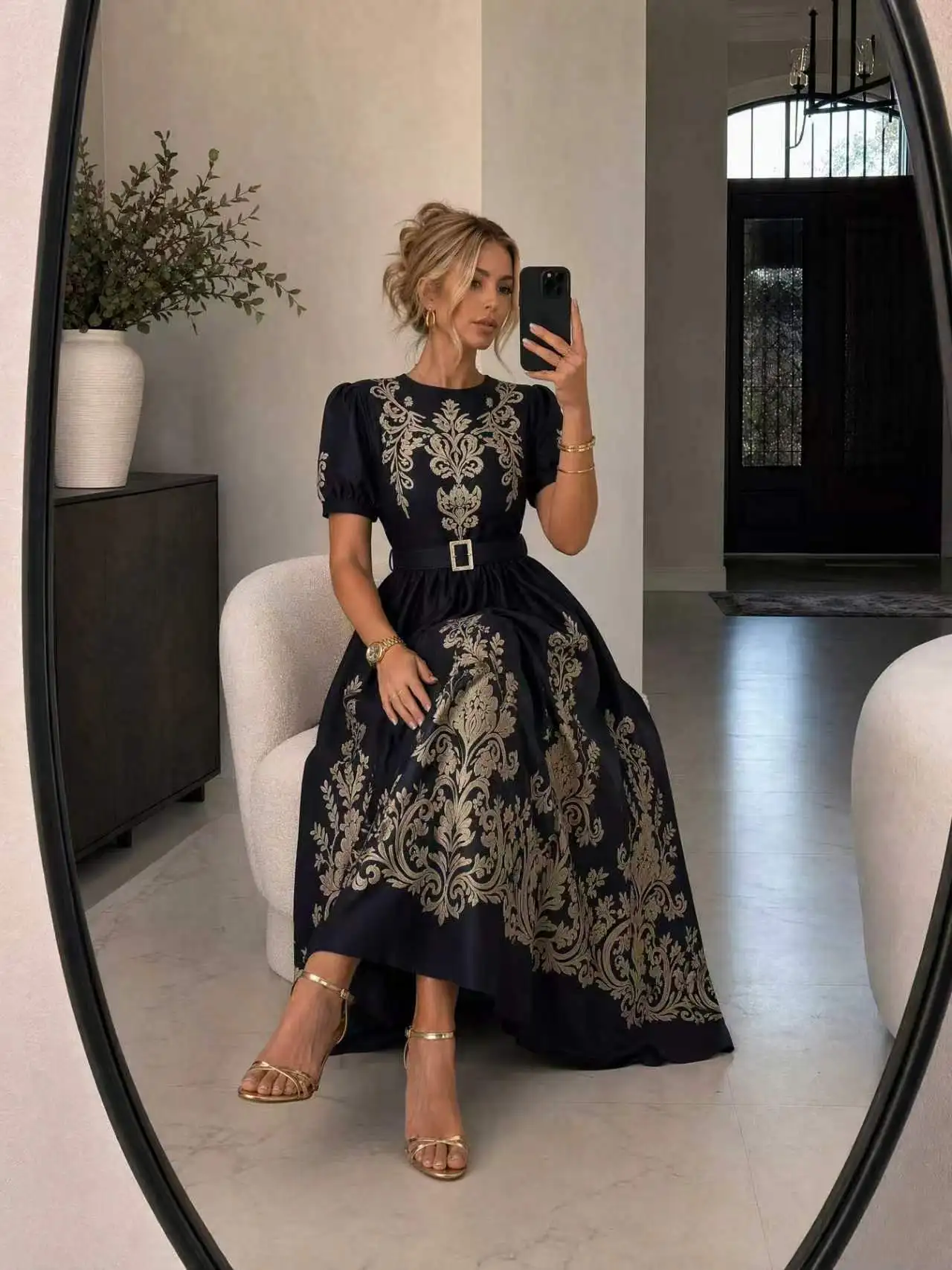 Damen Vintage Gold Blumendruck Maxikleid Kurze Puffärmel Gürtel Elegantes Partykleid Langes Kleid