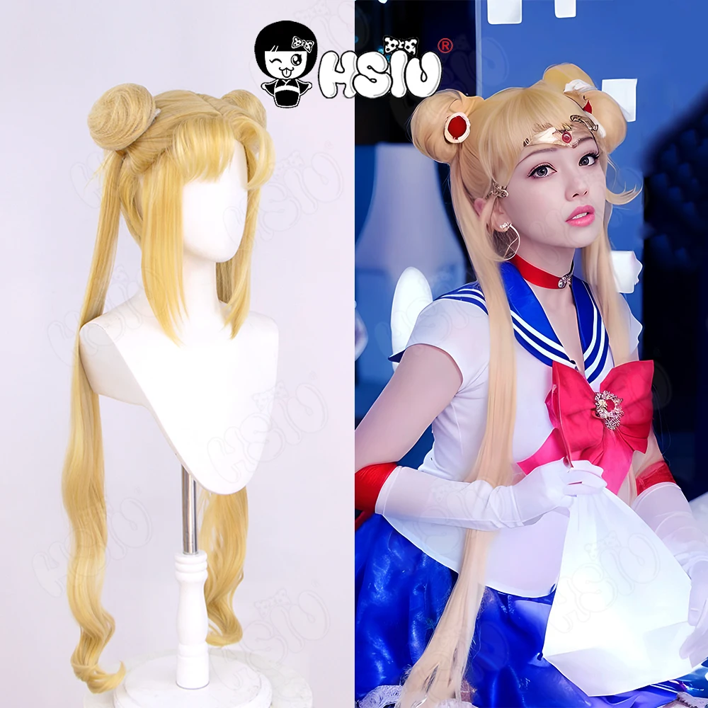 Peruca Cosplay Tsukino Usagi, HSIU 95cm, Loiro, Rabo de Cavalo Duplo, Longo, Encaracolado, Doar, Peruca Brand