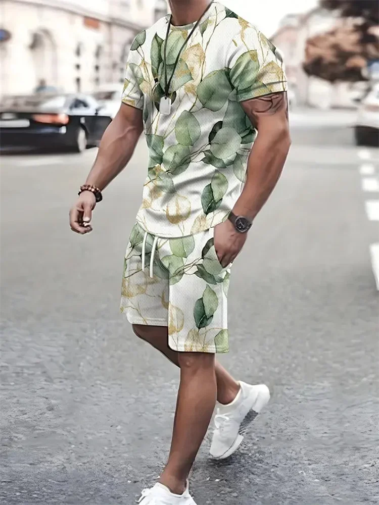 New personality street style 3D leaf print summer fashion T-shirt shorts suit men's travel short-sleeved loose top comfortable