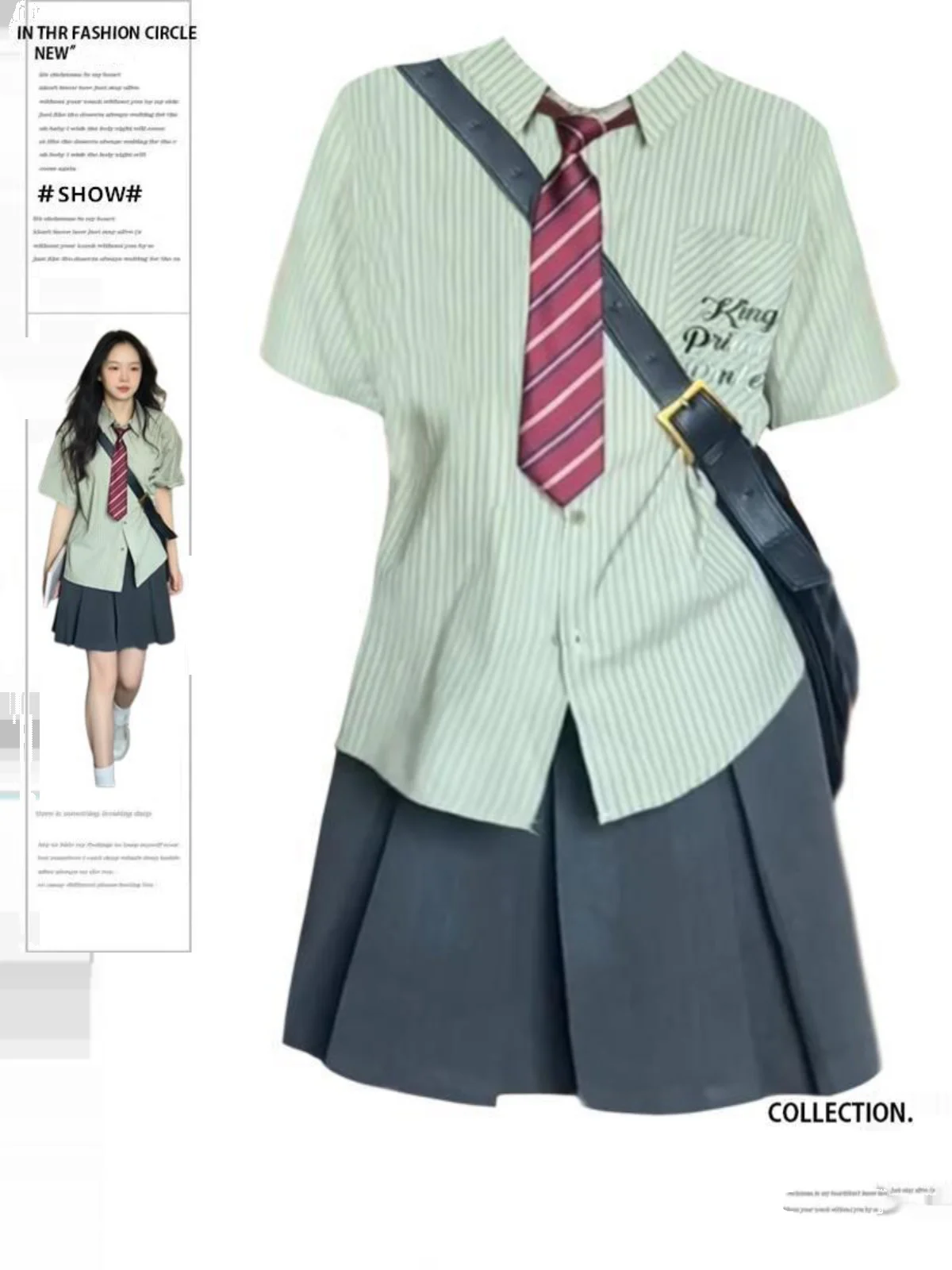 

plus Size Sweet Student Outfit Women Summer Loose Top Half Sleeve Shirt Pleated Skirt College Style Two Piece Set