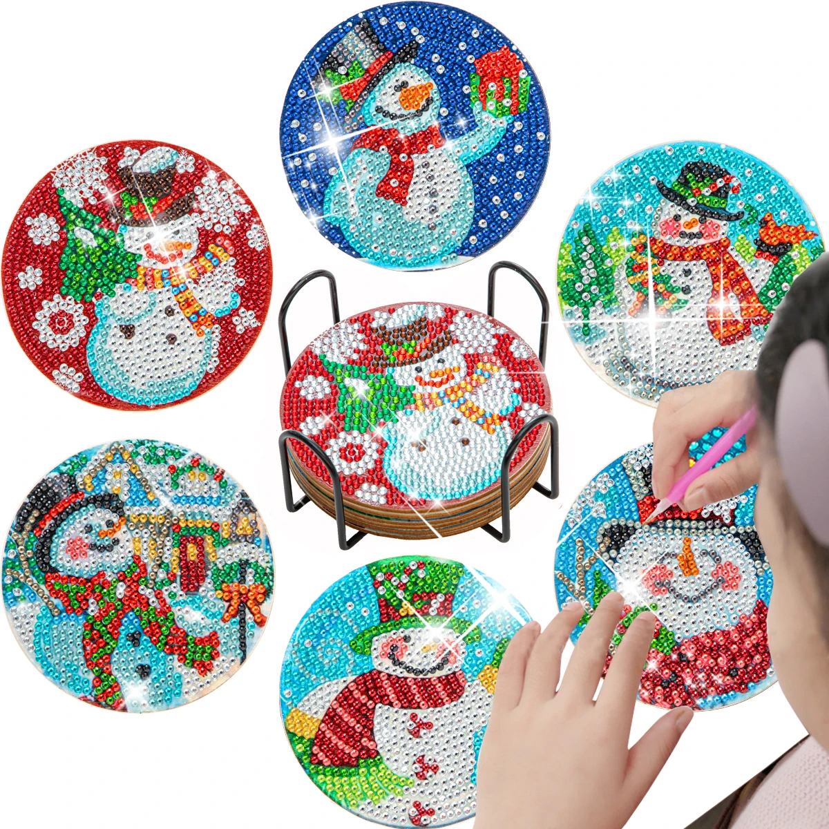 

CHENISTORY 6pc/sets Diamond Painting Coasters Snowman For Adults Kids Beginners With Holder 10x10cm Christmas Gift Decors