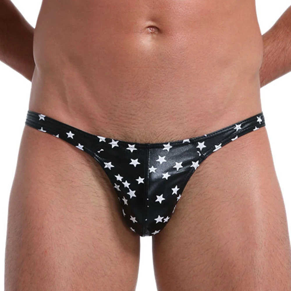 

Fashion Men Artificial Leather Briefs Sexy Star Printed Thongs Panties Underpant Sexy U Convex Gay Male Leather Bikini Panties