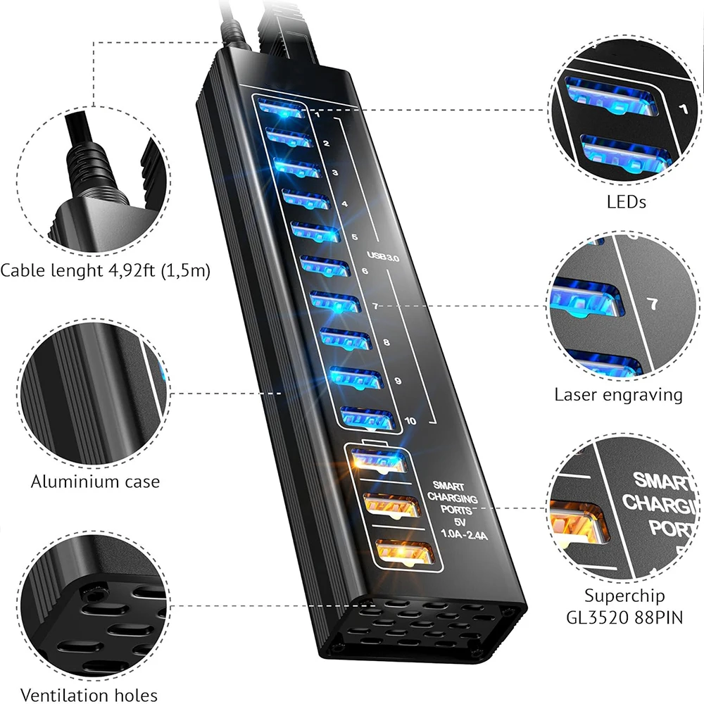 Imagem -02 - Divisor Multi-hub de Alumínio Concentrador Doca de Extensão Múltipla Adaptador de Interruptor para pc Porta Laptop Usb 3.0 13 Pcs