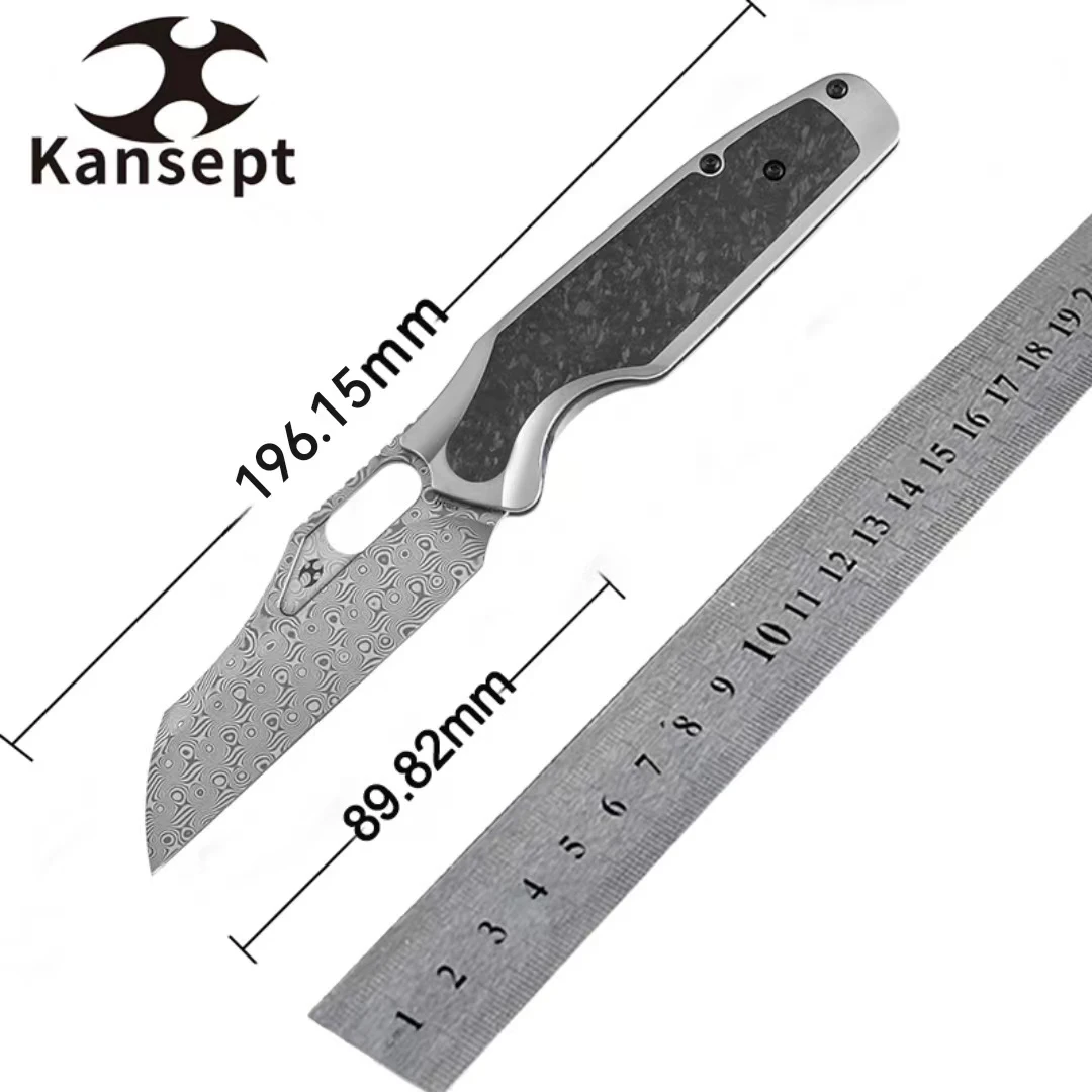 Kansept Folding Knives K1052 Tuckamore 3.54'' Damascus/CPM 20CV Blade with Titanium+Carbon Fiber/Timascus Handle Jonathan Styles