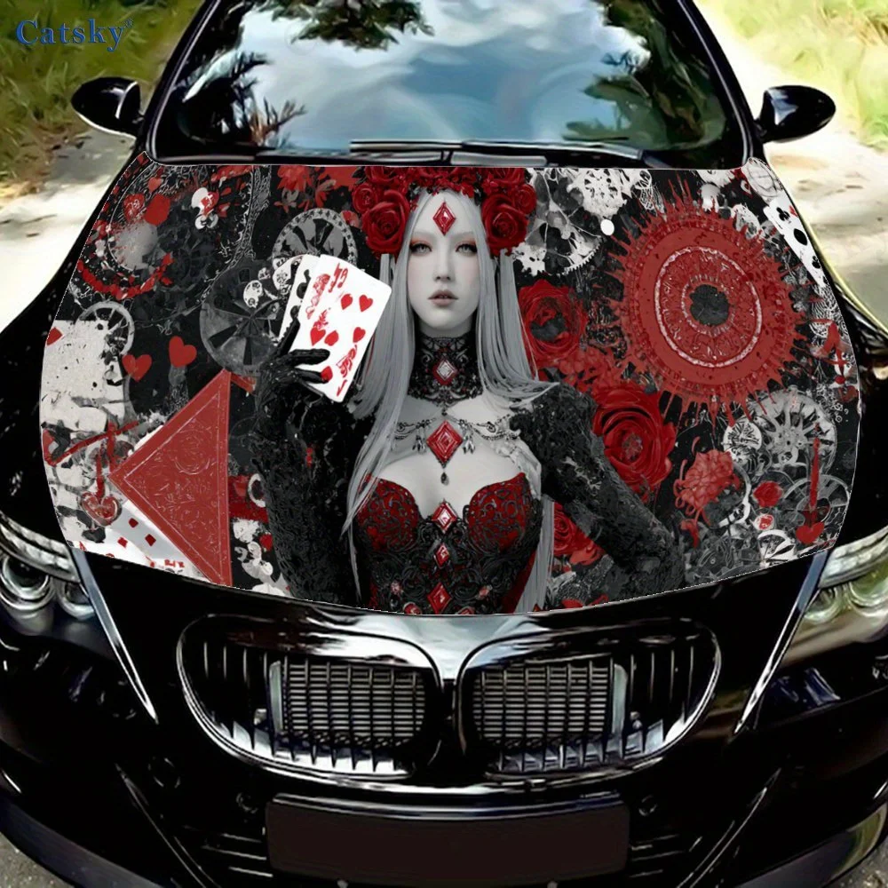 

Gothic Queen of Hearts Car Vinyl Wrap, PVC Waterproof Car Hood Sticker, Self-Adhesive Scratch-Resistant Stickers for Engine Cove