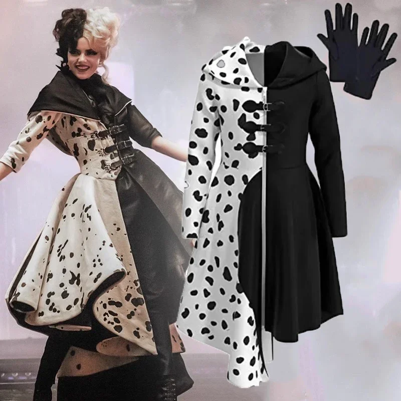 101 Dalmatians Women Evil Madame Cruella De Vil Cosplay Costume Gown Black White Hoodie Dress Gloves Halloween Carnival Suit