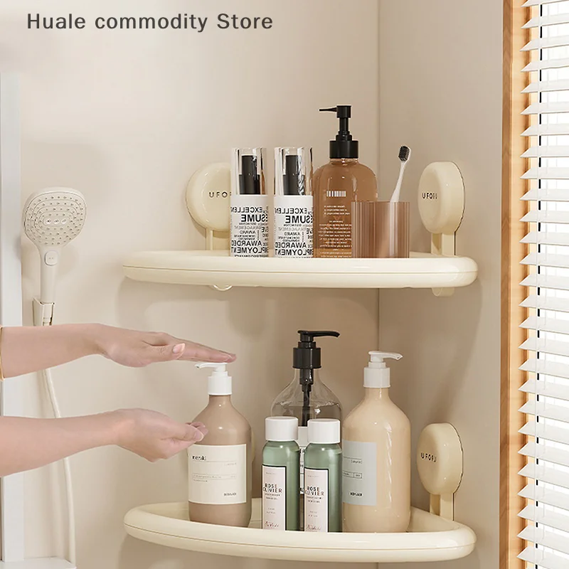 Scaffale triangolare con ventosa in plastica, montato a parete, senza punzonatura, disinfettante per le mani, portaoggetti, organizer per doccia drenabile per la casa