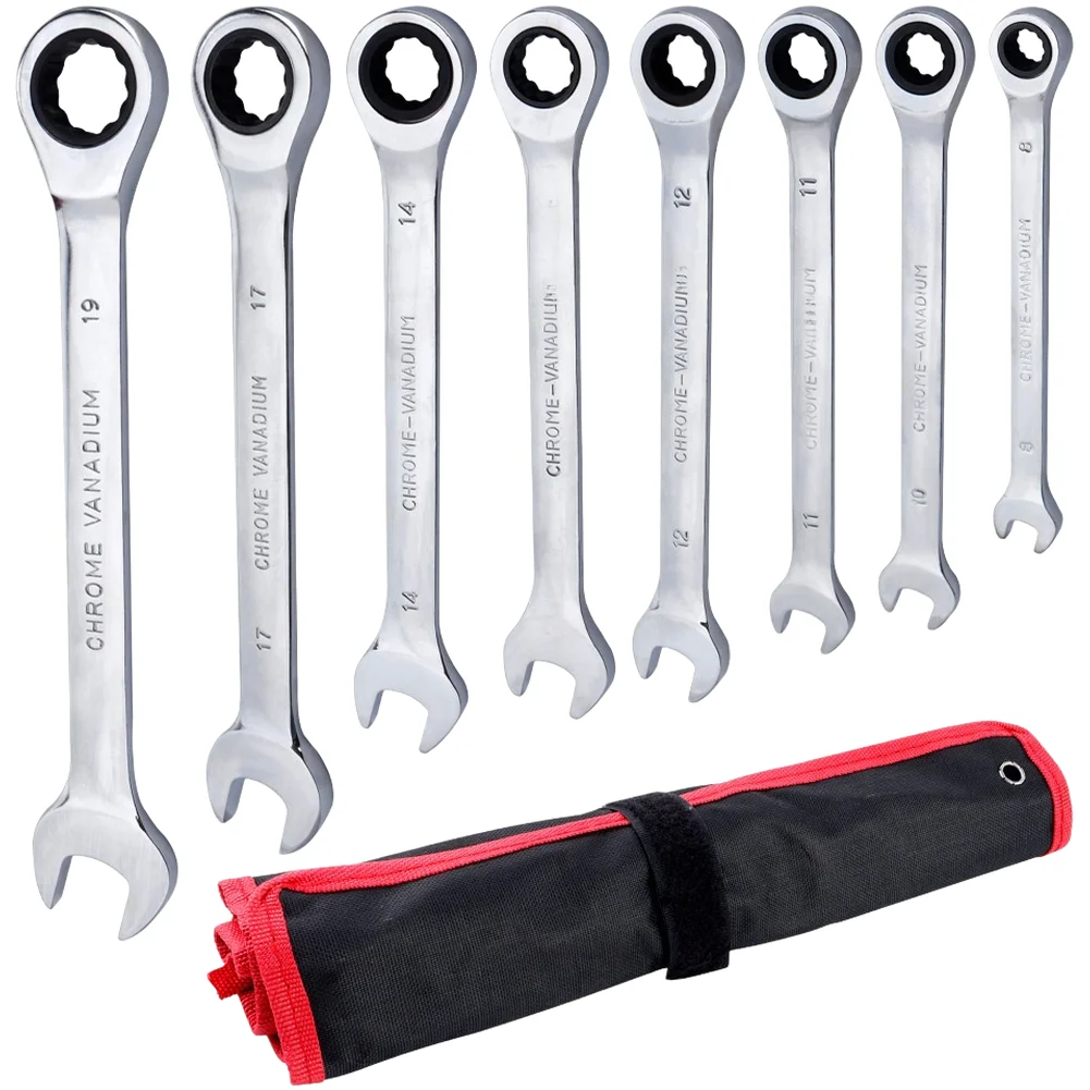8PCS Fixed Head Ratchet Wrench Set 72 Teeth Dual Direction Chrome Vanadium Steel Metric Spanner For Auto Repair Hand Tools Kit