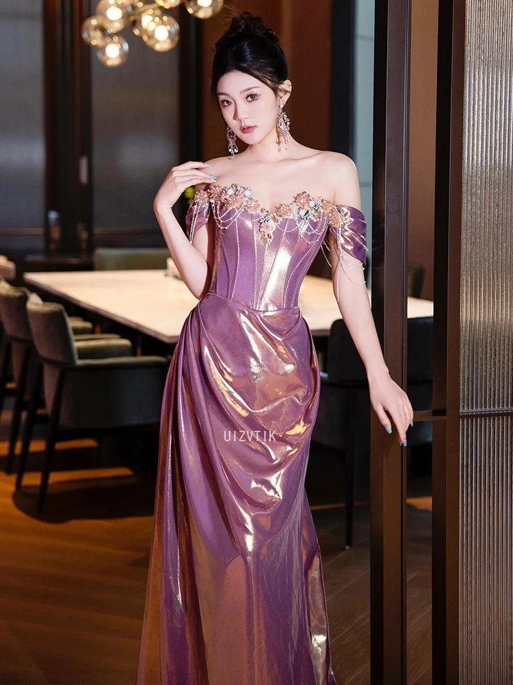 2025 roxo vestido de festa à noite feminino cetim fora do ombro frisado vestido de baile luz luxo banquete sereia vestido de ocasião formal