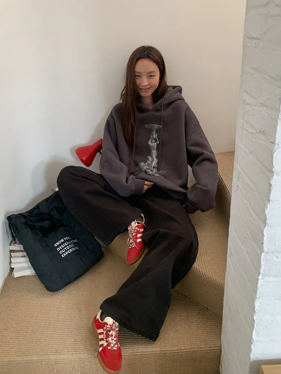 

Женская толстовка с ретро-принтом, повседневная, утепленная, на флисовой подкладке, осенне-зимняя, свободного кроя, в корейском стиле, с длинными рукавами