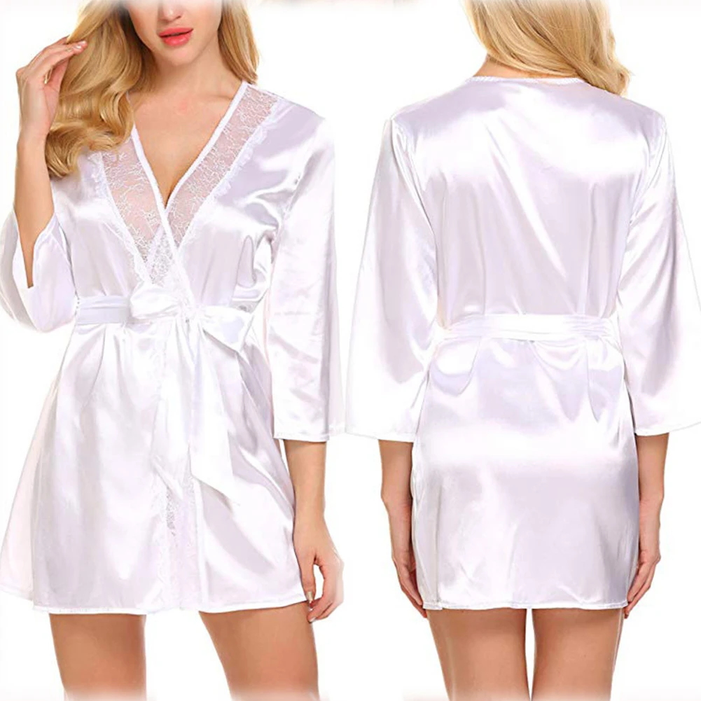 Women Satin Robes Summer Wrap Dressing Gown Bathrobe Nightgown Pajamas Lace Stitching Silky Satin French Romance Nightwear