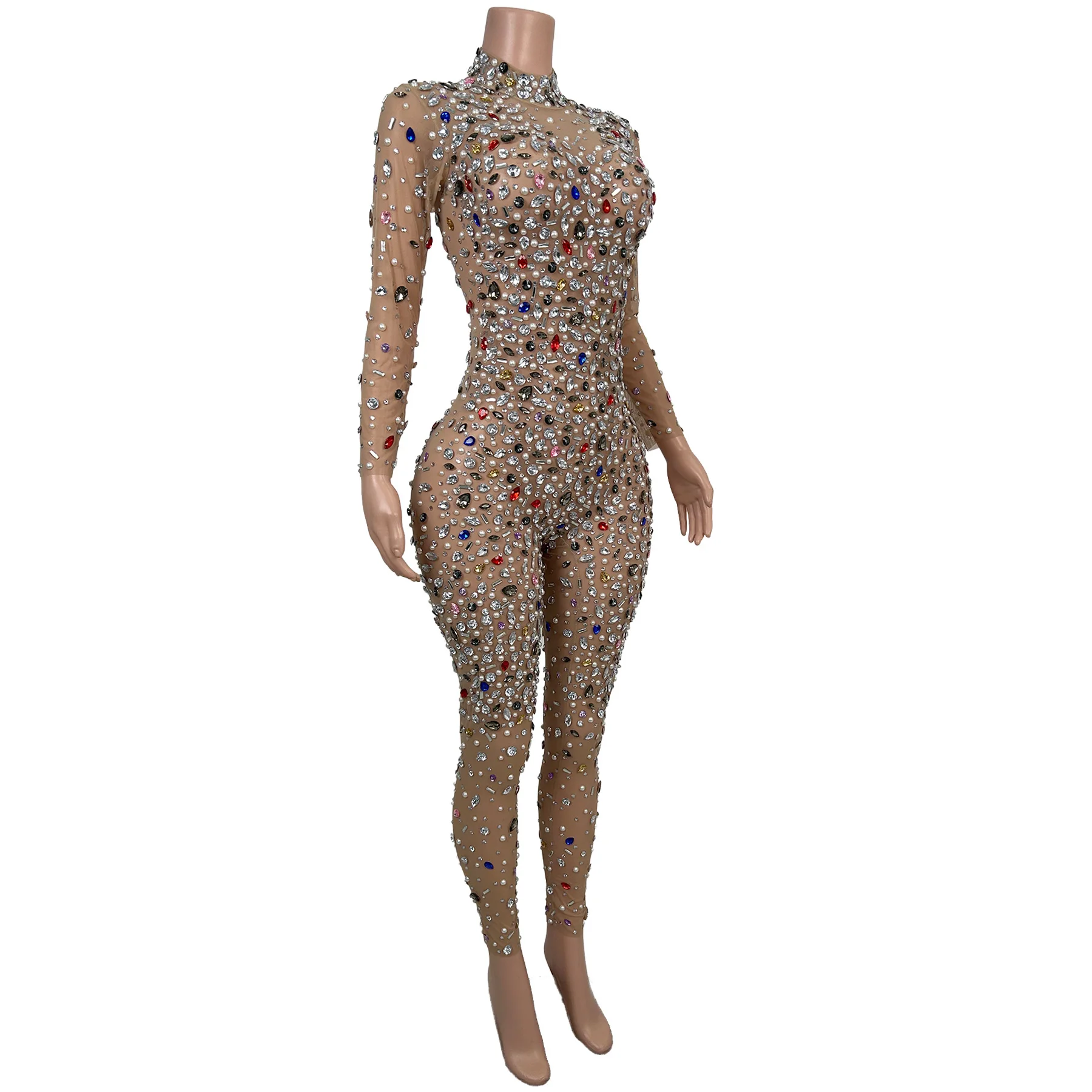 Shiny Stretch Mesh Rhinestone Pearls Party Jumpsuit Women Night Club Rompers Stage Performance Bodysuit Dance Festival Outfit