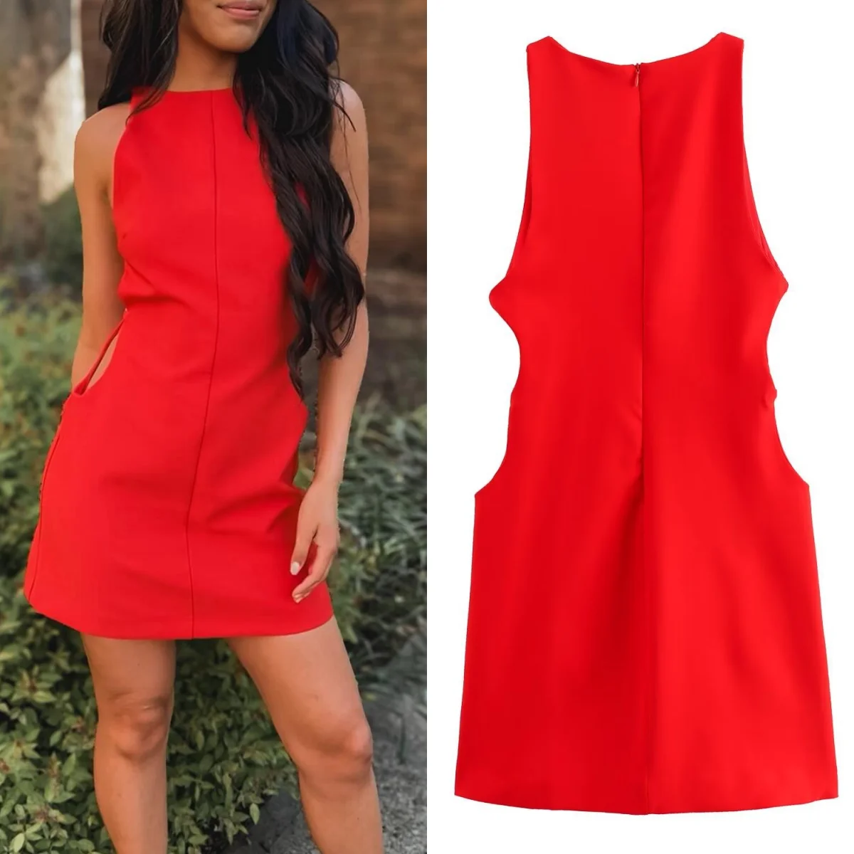  Women's vest dress mini hollow dress red round neck sleeveless vest short skirt fashion elegant party dress 2024 new summer