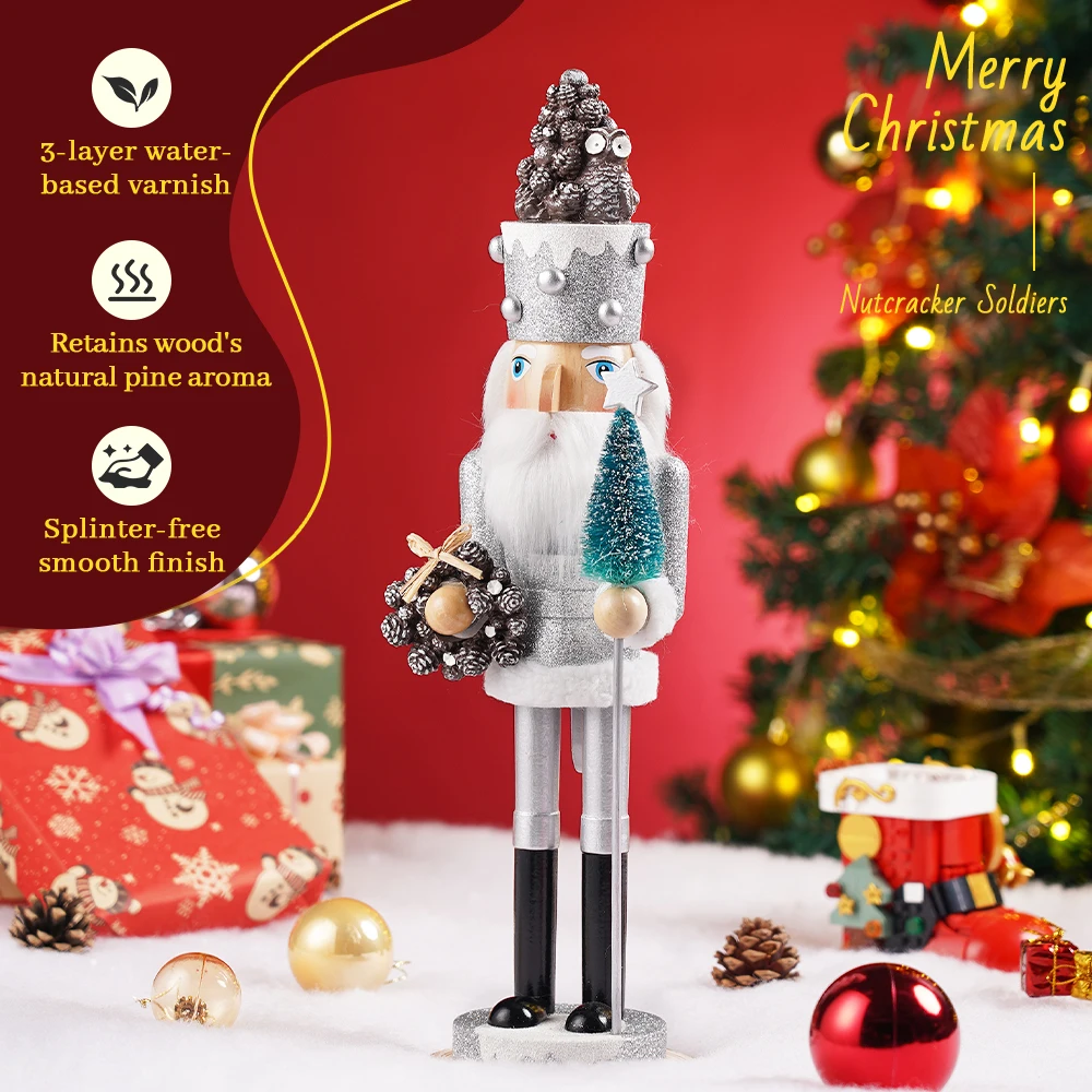 41CM Weihnachts-Nussknacker, Weihnachtsbaum-Tannenzapfenkranz, Walnusszange, Holzhandwerk, Dekoration für Zuhause, Büro und Festlichkeiten