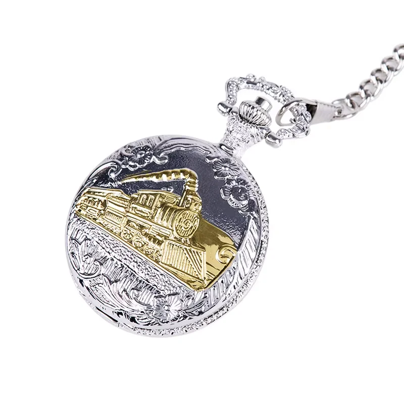 تنقش تشغيل البخار قطار ساعة الجيب سلسلة فضي وذهبي فستان معدني عادية الرجال النساء فوب ساعة الموضة العتيقة #2