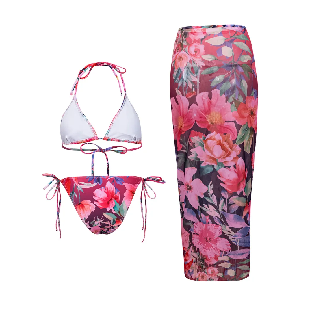 XS - L, mit Rock, Blumenmuster, Bikini, Damen-Badeanzug, dreiteiliges Bikini-Set, Damen-Bademode, Badebekleidung, Badeanzug, Modell V6788. – Detail 27