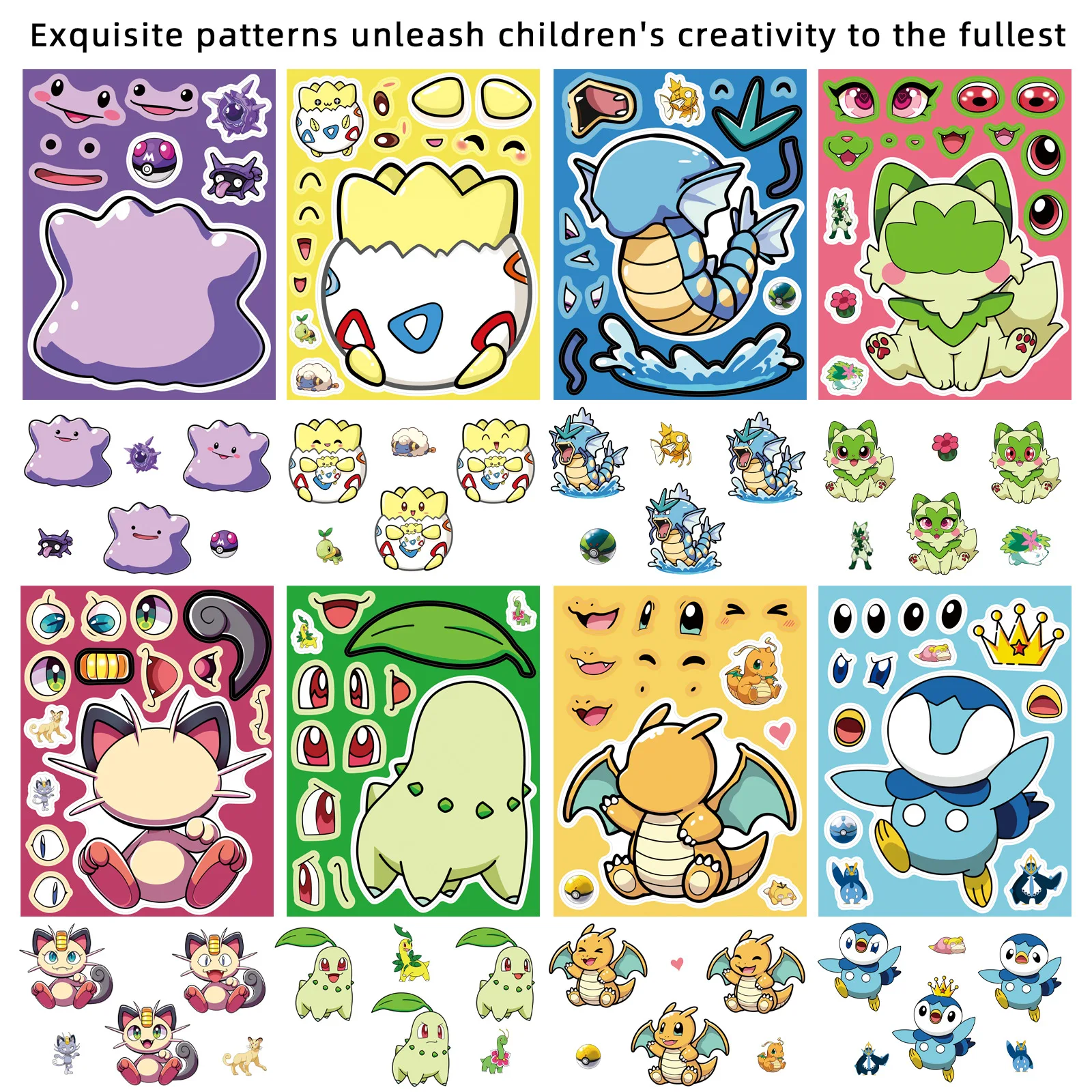 

8/16Sheets Pokémon Make a Face Anime Cartoon Puzzle Sticker DIY Phone Laptop Luggage Skateboard Graffiti Decals Fun for Kid Gift