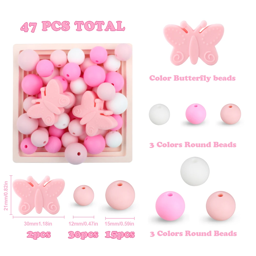 

47pcs/Set Butterfly Silicone Beads Baby 12mm 15mm Round Teething Fcoal Beads Set DIY Pacifier Chain Clips keychain Accessories