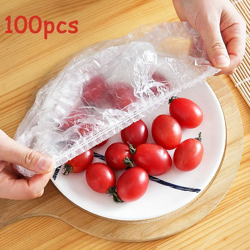 Cubierta desechable de plástico para alimentos, envoltura elástica para frutas, cuencos, tazas, almacenamiento de cocina, bolsa de ahorro de mantenimiento fresco, 100 piezas