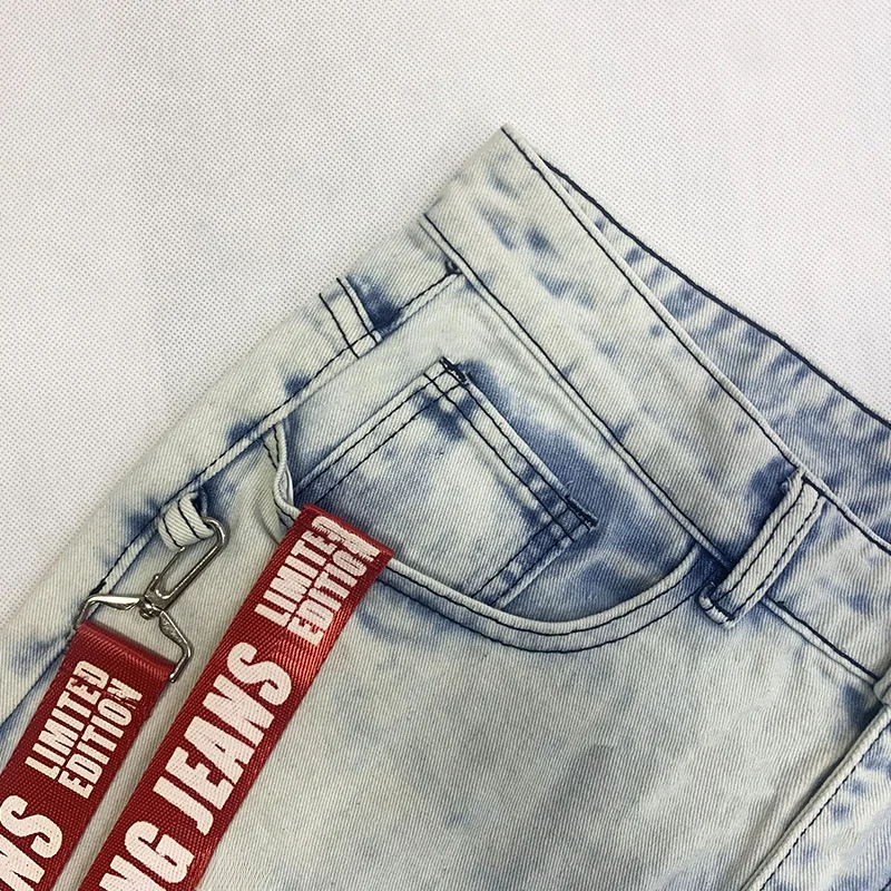Trendy Men's Jeans with Patchwork Tapestry Hole Punching Slim Fit Zipper Casual Cotton Long Pants Metal Decoration