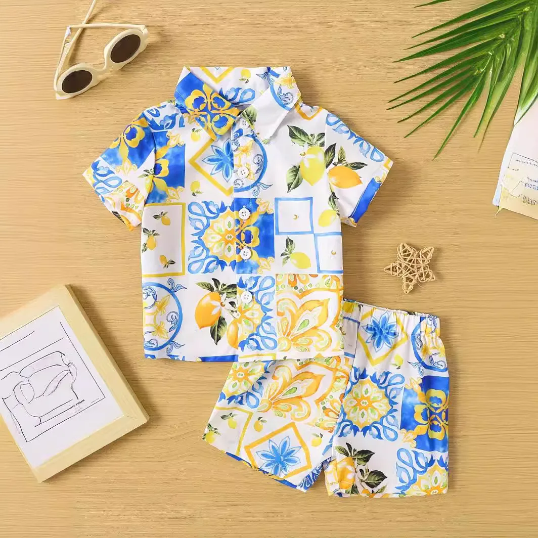 

0-3-year-old baby set 2pcs , Summer New Lemon Printed Shirt Top+Same Color Printed Shorts Hawaiian Style Set