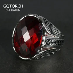 Real Pure 925 Sterling Silver Rings With Red Color Zircon Stone Faceted Wedding Rings For Men Vintage Turkish Jewelry