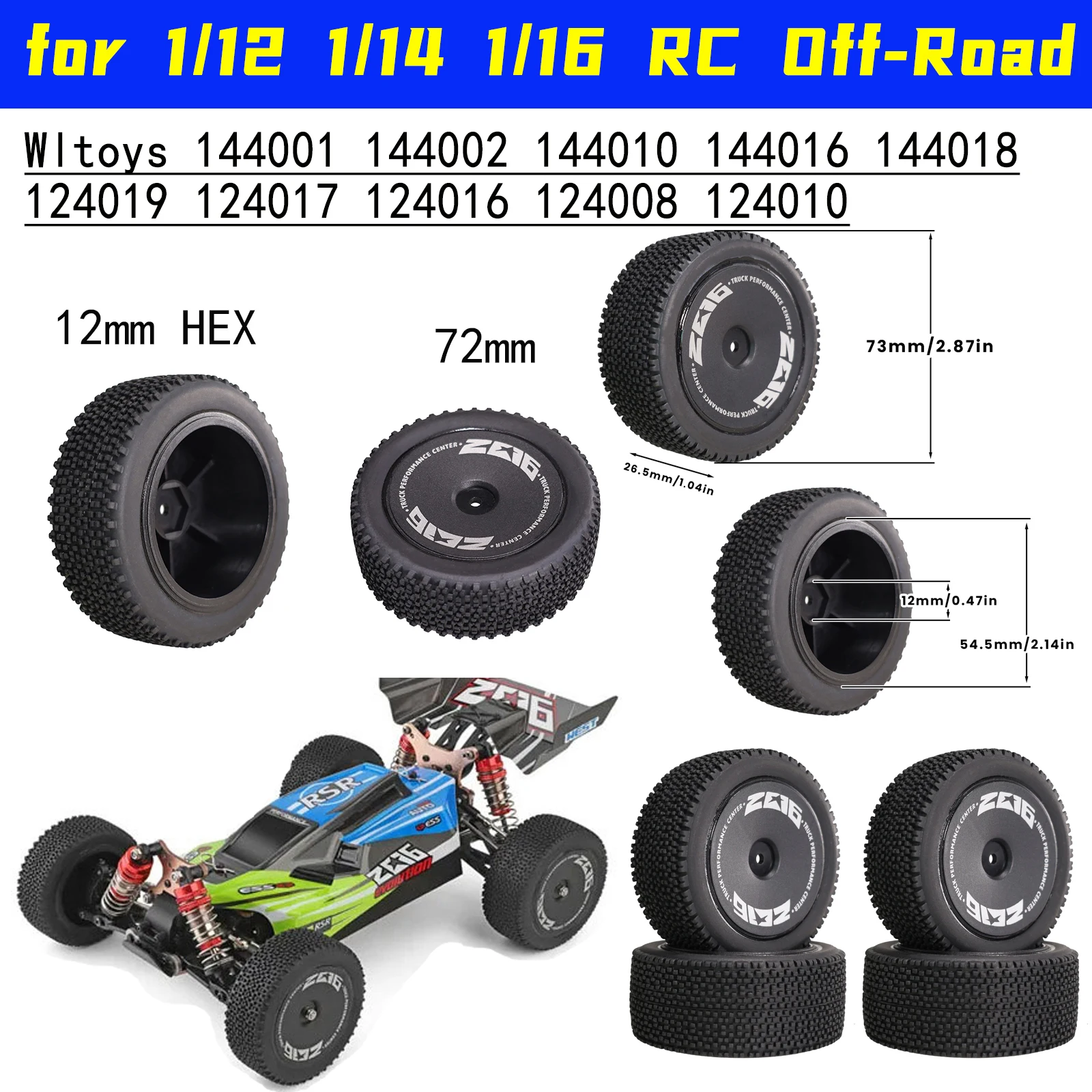 

Обновление оригинального 72 мм Wltoys XK 144001 144010 124019 124017 124016 ​ Передние и задние шины 12 мм HEX для радиоуправляемого внедорожника 1/12 1/14 1/16