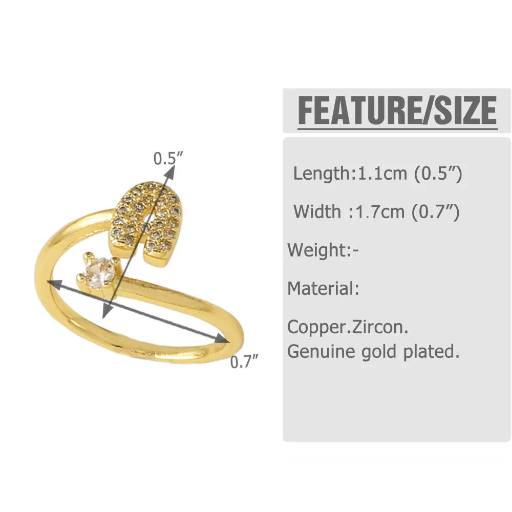 FLOLA Minimalist Crystal 26 Letters Rings for Women Gold Plated Initial Rings Adjustable Hoops Alphabet Jewelry Gifts rigs40