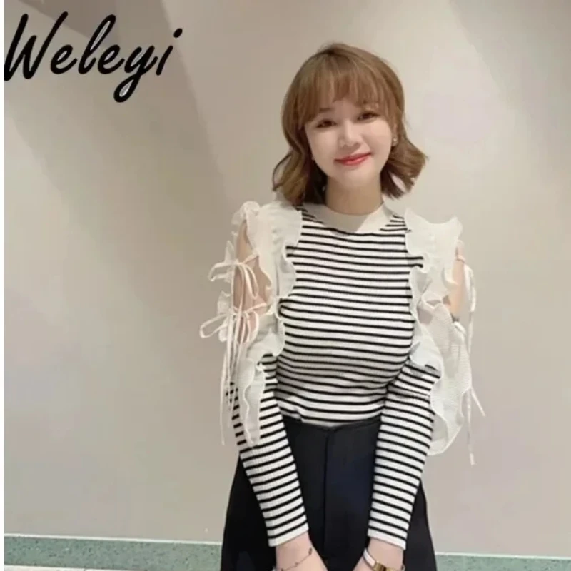 

Japanese Women's Striped Knitwear 2024 Fall New Gentle Sweet O Neck Lotus Leaf Long Sleeve Lace Up Off Shoulder Slim Knit Top