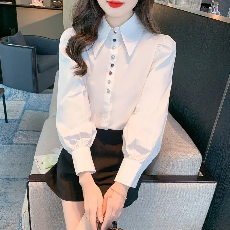 French Style Minimalist Commuter Solid Color Blouses 2024 Spring New Women\'s Polo Neck Button Long Sleeve Loose Fashion Shirts