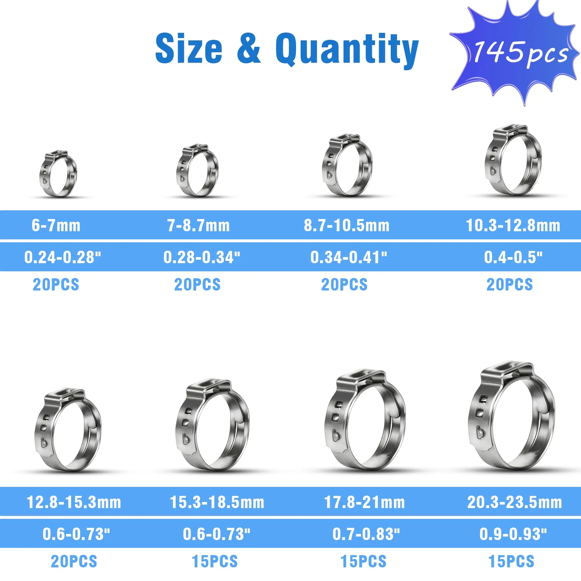 145pcs Single Ear Stepless Hose Clamps 6-23.5mm 304 Stainless Steel Cinch Clamp Rings Assortment Kit +1PC Hose Clip Clamp Pliers