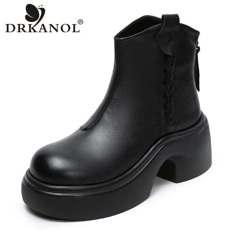 DRKANOL النمط البريطاني النساء سميكة عالية الكعب حذاء من الجلد شتاء دافئ الفراء مكتنزة منصة عودة سستة الارتفاع زيادة الأحذية #1