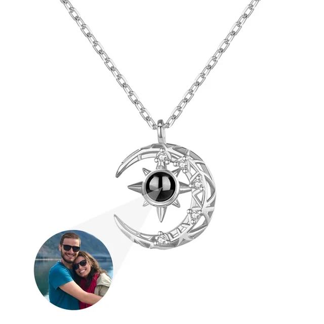 Personalized Picture Necklace - Crescent Moon Projection Pendant For Photo (Stainless Steel)