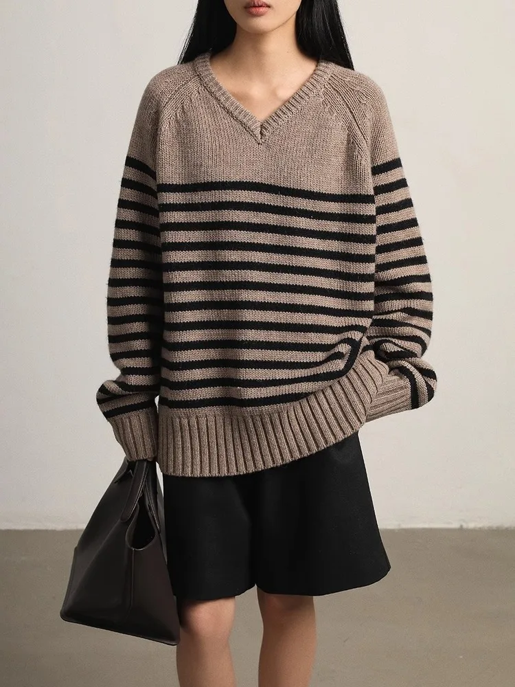 Suéter con cuello en V a rayas en contraste para mujer, jersey retro holgado de Cachemira para primavera y otoño con grosor del suéter.