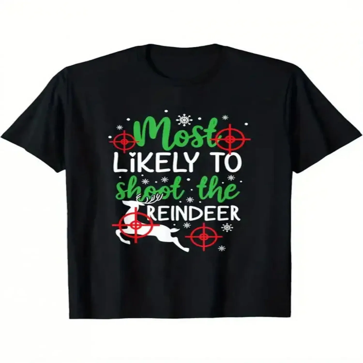 Men's Fun Christmas T-Shirt - _Most Likely to Shoot a Reindeer_ Graphic Tee with Red Crosshair - Soft Breathable Crew Neck T-Shirt - Casual Top for Holiday Parties, Gifts - All-Season Casual Wear merry christmas tee, christmas gift