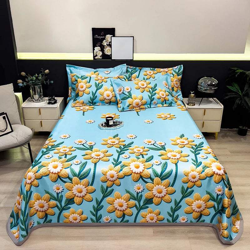 Summer cool bed cover Luxury double size mat Ice silk linen sets Air conditioning full bed sheets set Mattress with pillowcases
