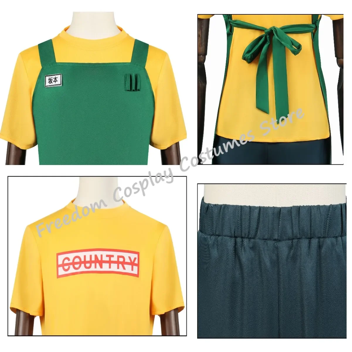 القلقاس ساكاموتو تأثيري أنيمي زي ساكاموتو أيام الأصفر تي شيرت الأخضر المئزر نظارات هالوين حفلة النساء الرجال لعب الأدوار موحدة