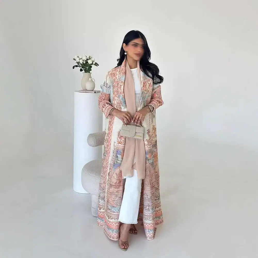 

Plus Size Summer Coat Women's Long Robe Arab Women's Clothing Miyake Fashion Pleated Printed Long Robe Windbreaker Elegant