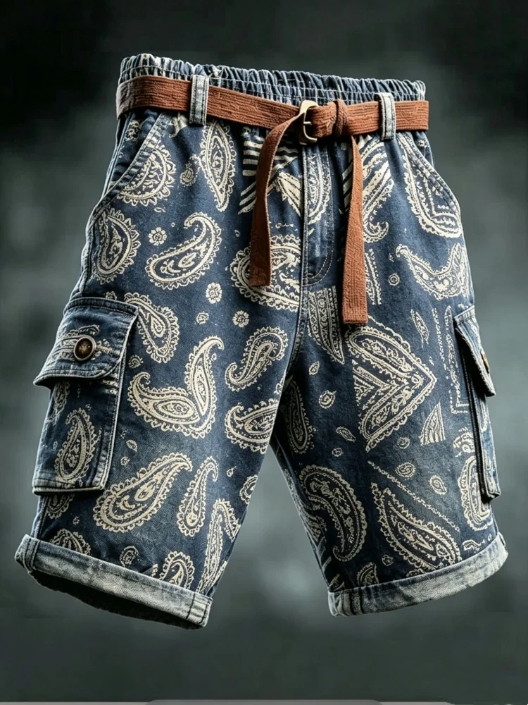Mens Hippie Cargo Shorts Blue White Paisley Graphic Print Loose Fit Baggy Pants with Belt Retro Ethnic Shorts