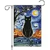 Heyfibro Black Cat Halloween Garden Flags 12 x 18 Inch Vertical Double Sided Burlap, Pumpkin Lantern Starry Sky Yard Flag fo jjp