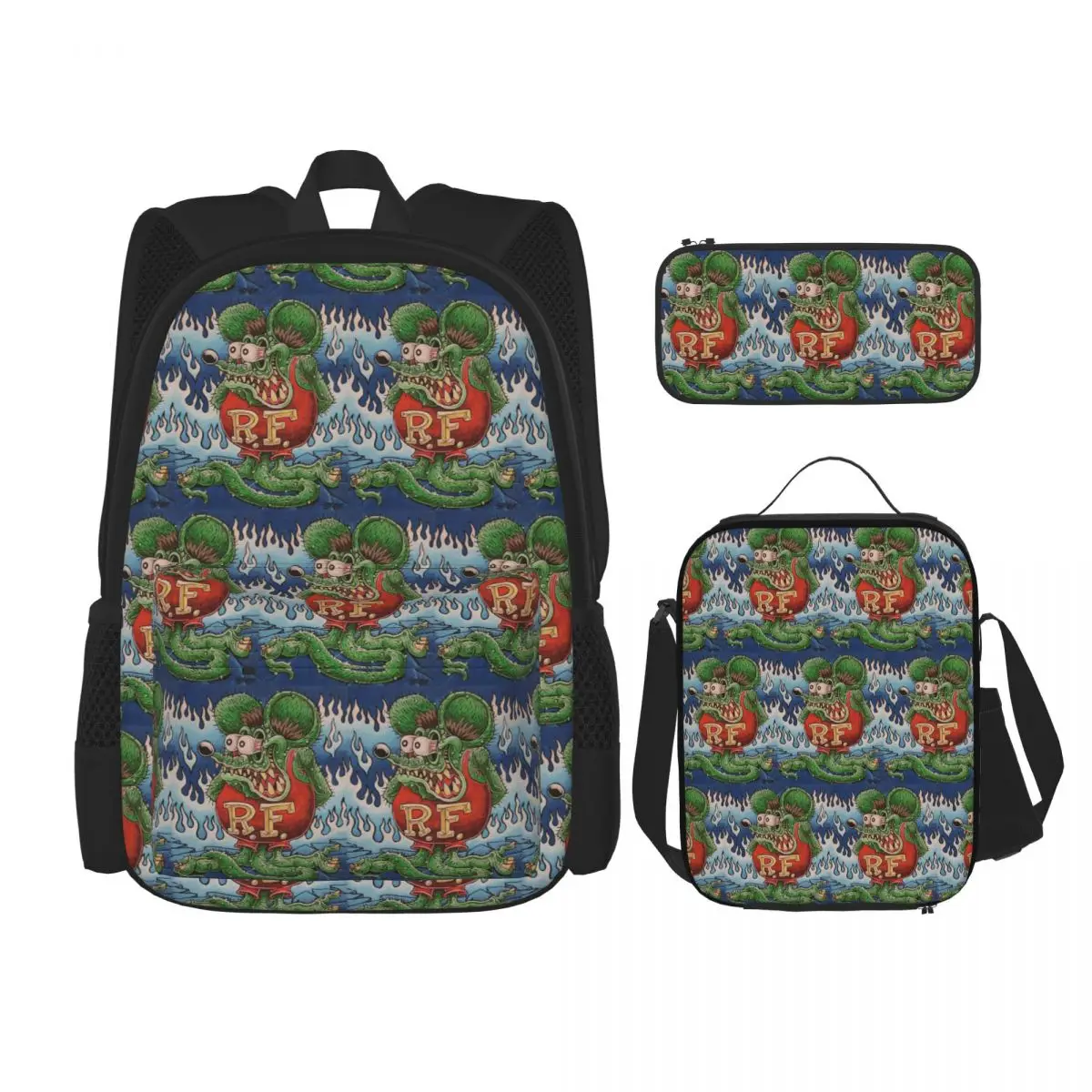 

Rat Fink Backpacks Boys Girls Bookbag School Bags Rucksack Lunch Bag Pen Bag Three-Piece Set