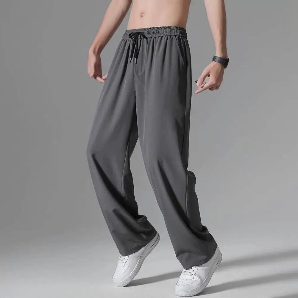 Ice Silk Pants Men's Summer Drawstring Elastic Pockets Draped Men Pants Trend Loose Solid Color Straight Wide Leg Thin Trousers