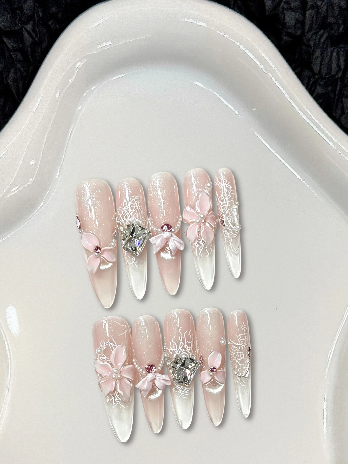 10pcs 3D Pink Floral Press On Nails Glitter French Style False Nails with Butterfly Bowknot Rhinestone Pearls DIY Elegant Nails - view 4