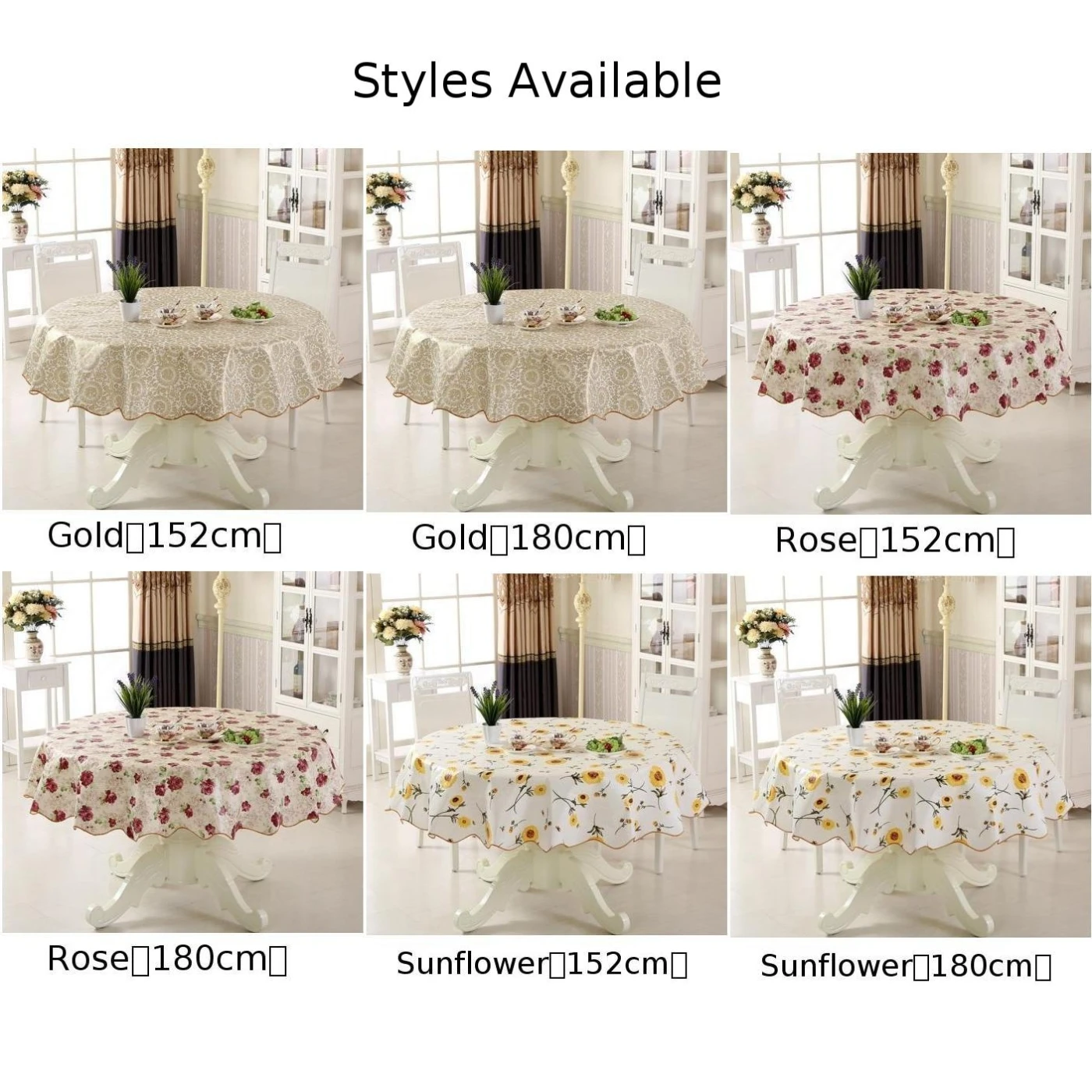 PVC Round Table Cloth For 4/6 Seaters 152cm 180cm Dining Table Cover Waterproof Oilproof Floral Printed Household Tablecloths