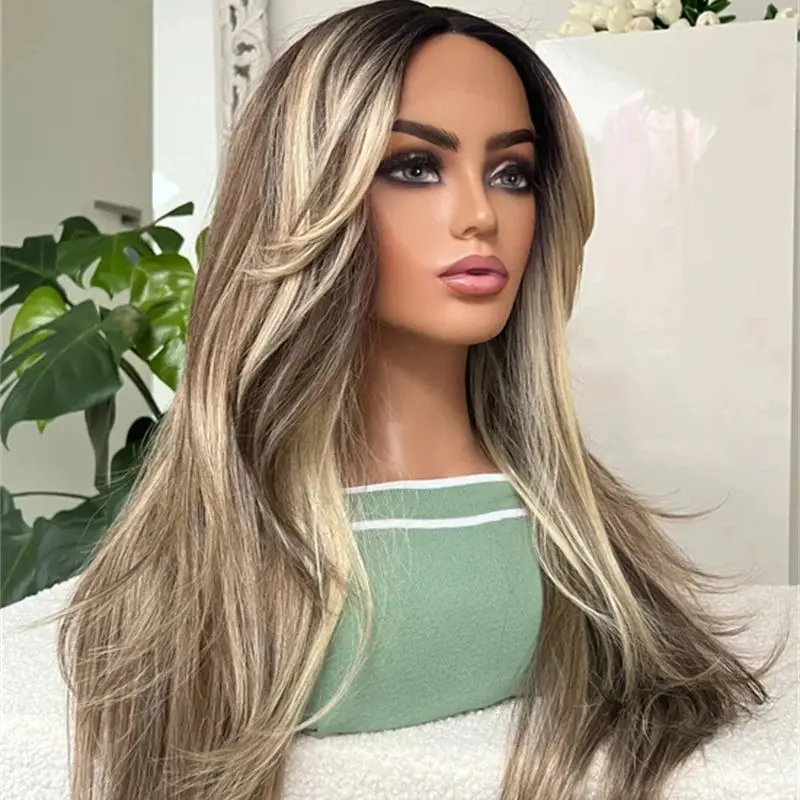 أومبير شقراء براون الطبيعية مستقيم الاصطناعية HD الدانتيل شعر مستعار أمامي شعر مستعار واقعية للنساء جذور داكنة شعر مستعار لينة شعري