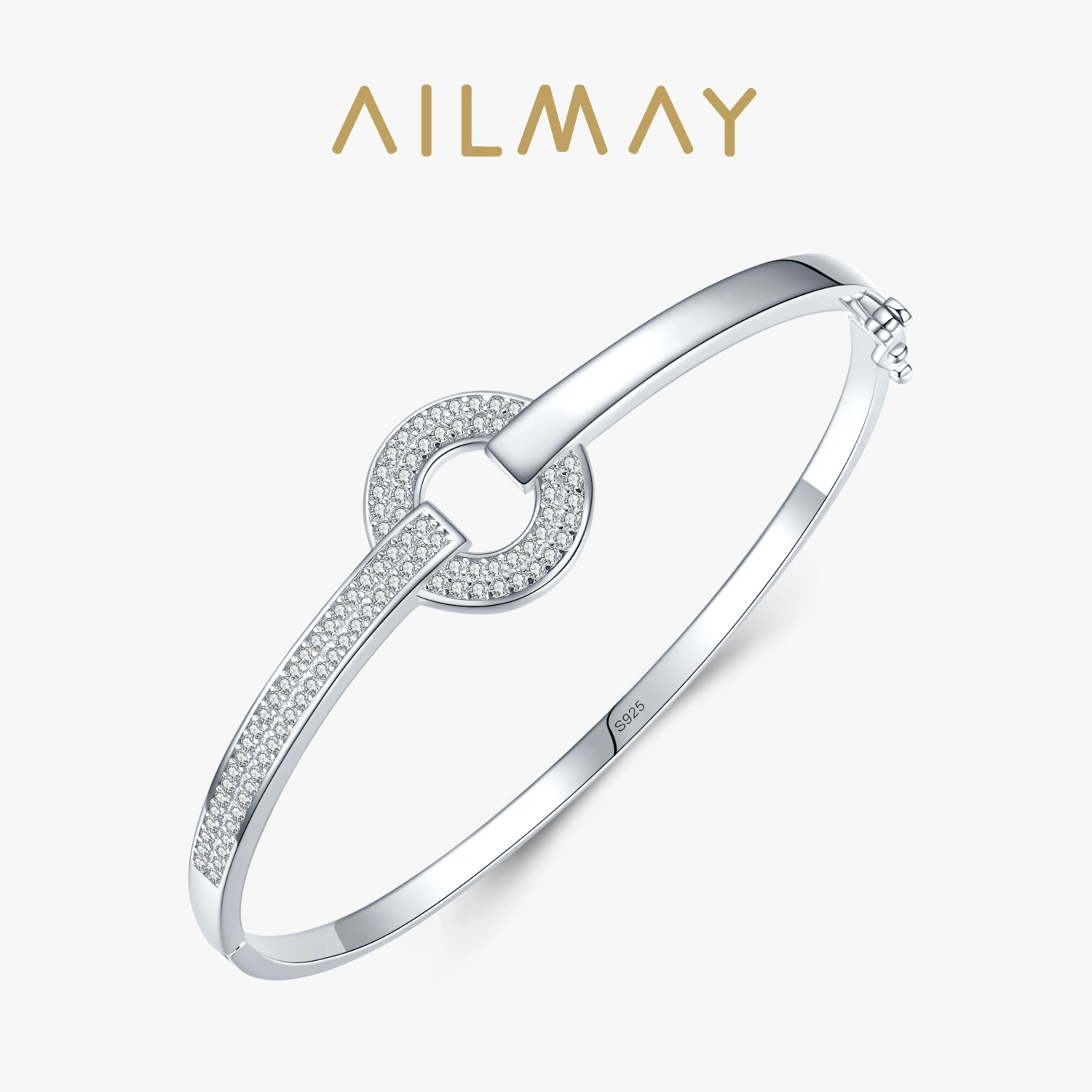 

Ailmay Real 925 Sterling Silver Simple Round Clear CZ Finger Bracelets For Women Classic Luxury Wedding Accessories Jewelry GIFT