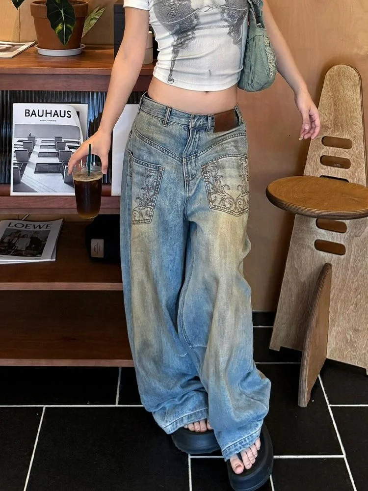 2025 American Retro Y2K Style Dirty Washed Blue Baggy Women's Jeans Pants Straight Woman Clothing Denim Trousers Pantalon Femme