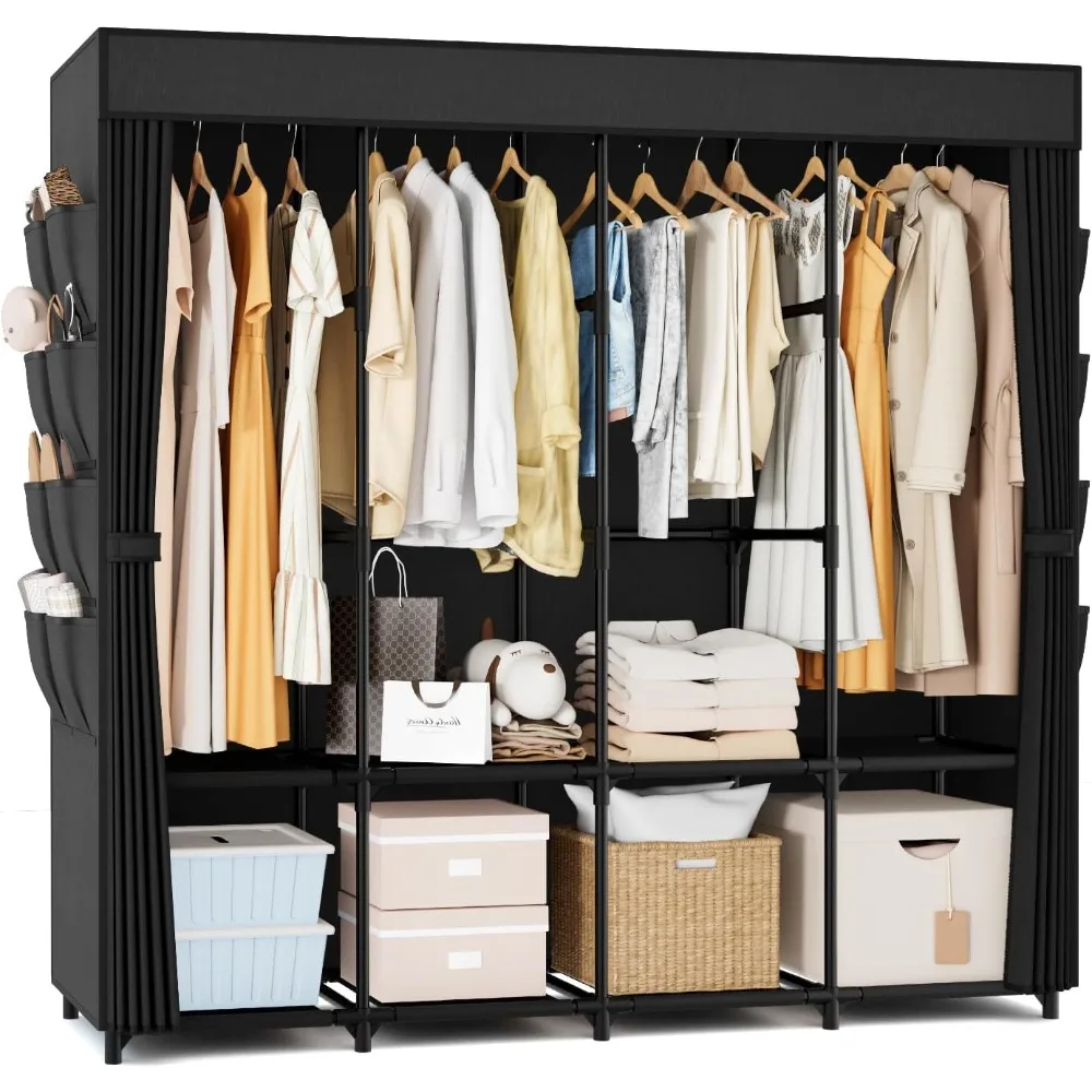 

67 Inch Wide Portable Clothes Closet with Hanging Rods, Shelves, and Cover